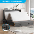 Mjkone Murphy Cabinet Bed, Queen Size No Mattress, Grey | Foldable Mattress, Guest Cabinet Murphy Beds with USB Ports, Cube Cabinets Chest Wall Beds with Drawers