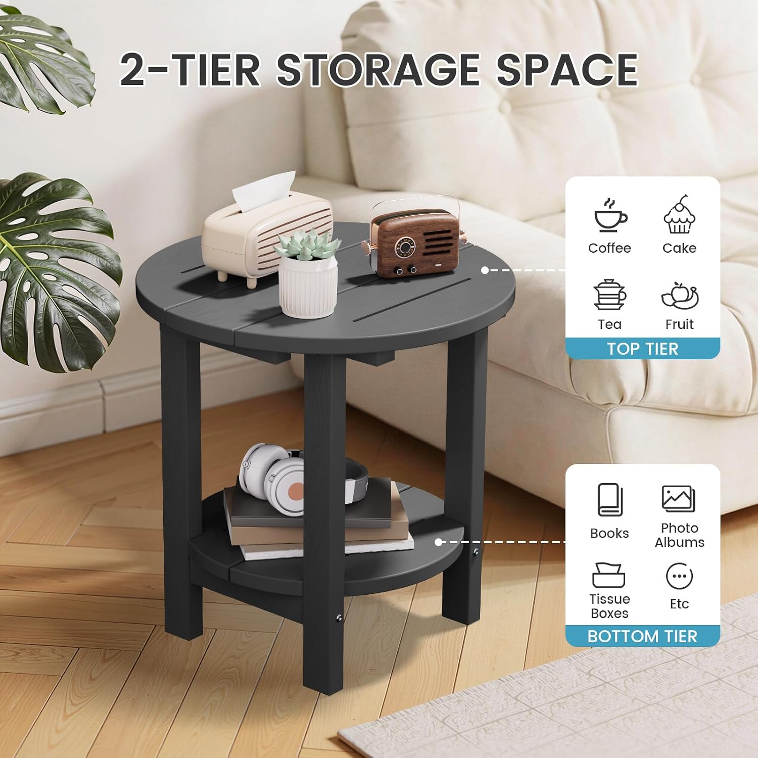FUNDAZE 2-Tier Round HDPE Patio Side Table, End Tables for Living Room, Waterproof Indoor & Outdoor Small Table for Poolside, Garden, Gray