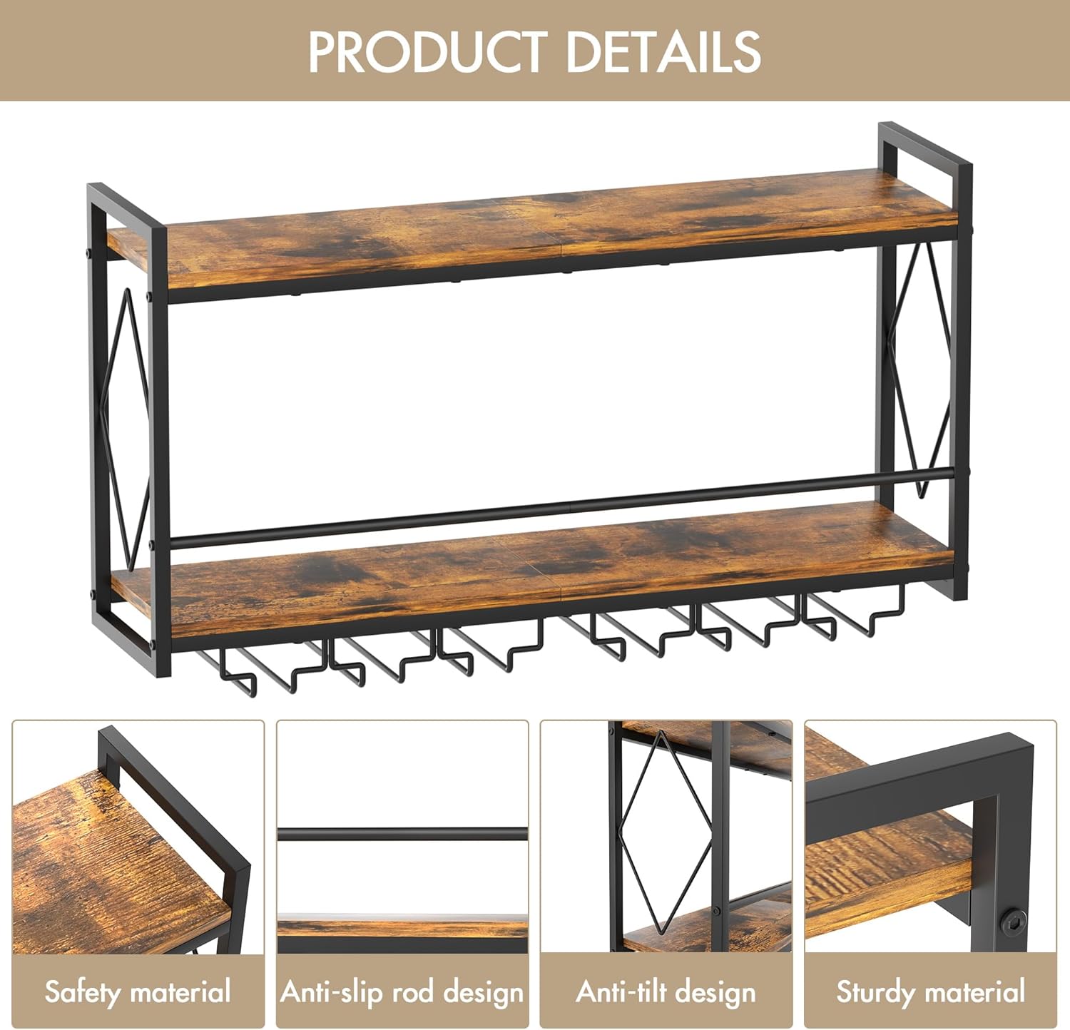 Wall Mounted Wine Rack with LED Light, 31.5" Bar Liquor Shelves with Glass Holder, Metal Hanging Bar Shelves Wine Storage Rack Display for Kitchen Home Bar Dining Room Living Room