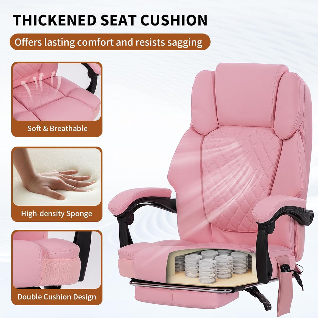 Massage Office Chair with Heat 6 Vibration Points,High Back & Heat, Executive Desk Chair,Big and Tall Office Chair 400lbs, Comfortable Ergonomic Reclining Managerial Chair, PU Leather Pink