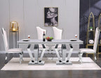 ACEDÉCOR Dining Chairs, White Faux Leather Dining Chairs Set of 6, Gorgeous Streamlined High Back Chair with Silver Mirror Curved and X-Shaped Stainless Steel Legs