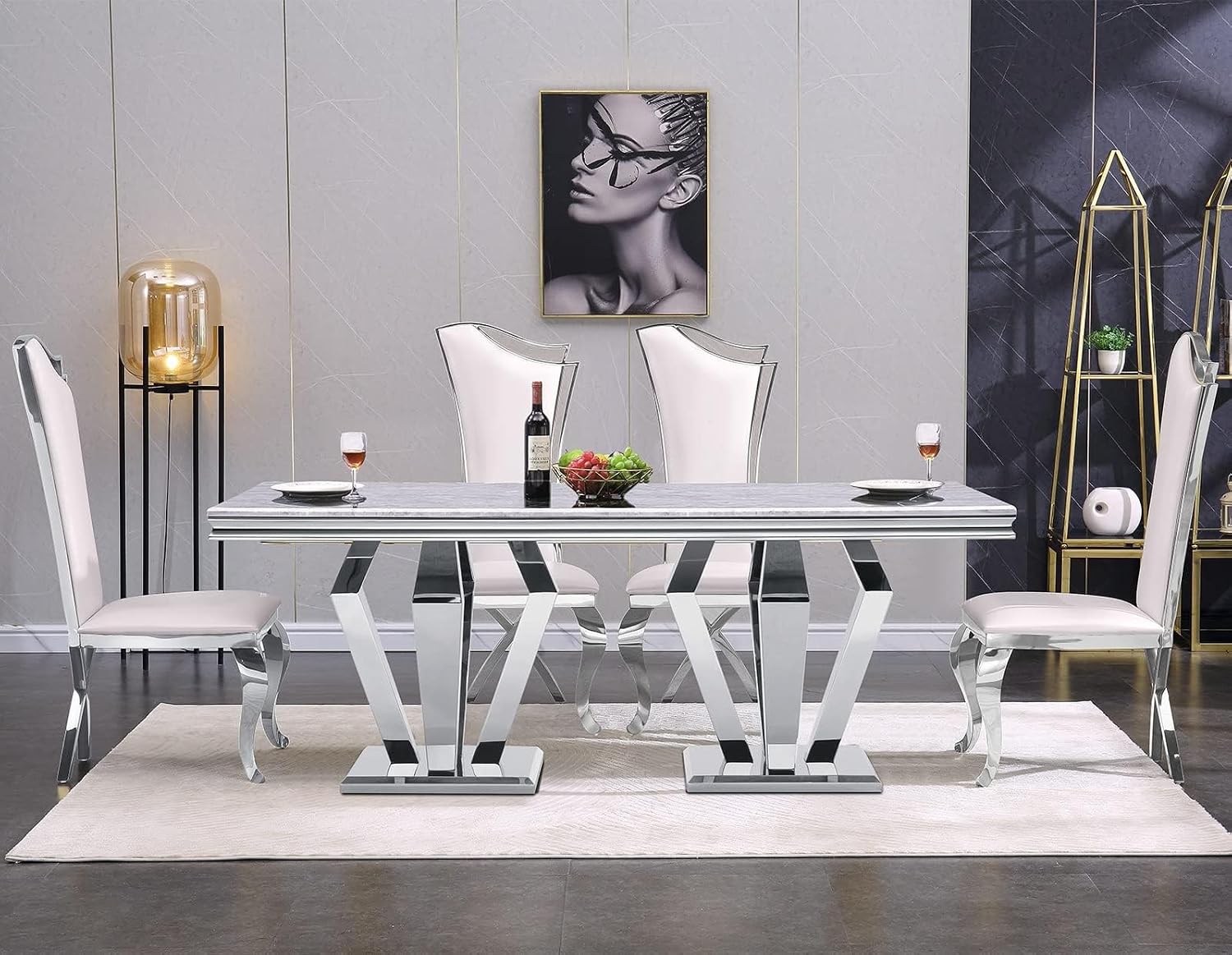 ACEDÉCOR Dining Chairs, White Faux Leather Dining Chairs Set of 6, Gorgeous Streamlined High Back Chair with Silver Mirror Curved and X-Shaped Stainless Steel Legs
