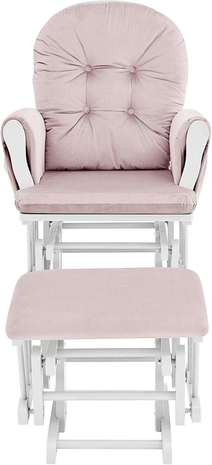 Glider and Ottoman White Wood and Pink Fabric