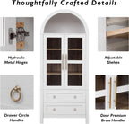 Tall Arched Cabinet with Glass Doors, Wood Kitchen Pantry & Arch Bookcase with 2 Large Drawers & Adjustable Shelves/Golden Handles for Kitchen Dining Room Living Room (White)