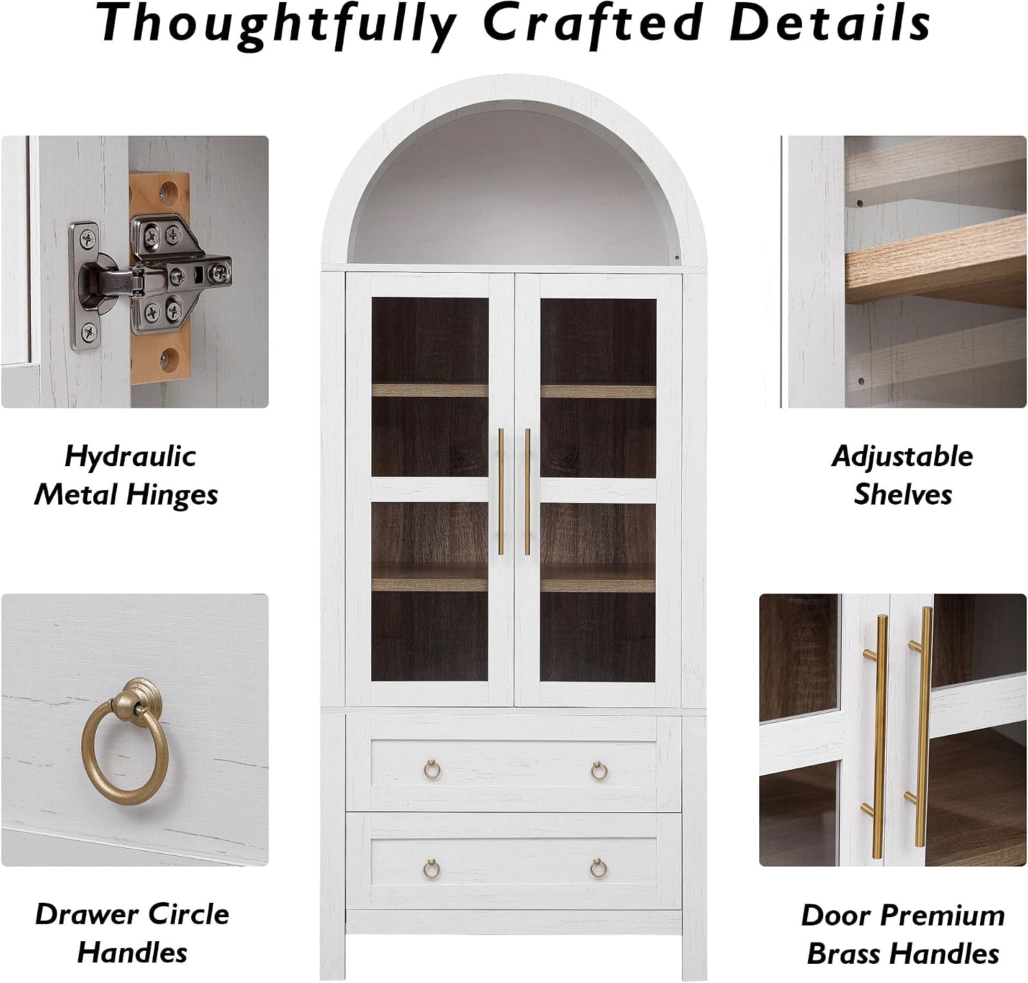 Tall Arched Cabinet with Glass Doors, Wood Kitchen Pantry & Arch Bookcase with 2 Large Drawers & Adjustable Shelves/Golden Handles for Kitchen Dining Room Living Room (White)