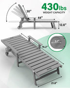 YEFU Lounge Chair Outdoor Set of 2: Outdoor Chaise Lounge with 5-Level Adjustable Backrest, Cup Holders & Wheels, All-Weather Resistance Chaise Lounge for Outside/Patio/Beach/Deck, Grey