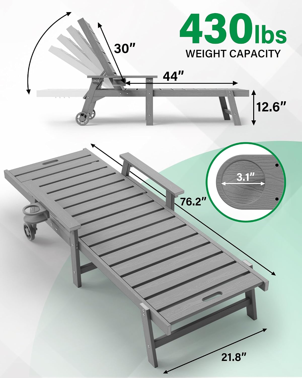 YEFU Lounge Chair Outdoor Set of 2: Outdoor Chaise Lounge with 5-Level Adjustable Backrest, Cup Holders & Wheels, All-Weather Resistance Chaise Lounge for Outside/Patio/Beach/Deck, Grey