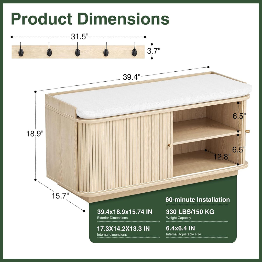 Hall Tree with Bench and Shoe Storage, Entryway Bench with Sliding Door Cabinet, Removable Padded, Metal Wall Hooks and Adjustable Storage Compartments, for Entry, Hallway, Living Room, Oak