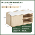 Hall Tree with Bench and Shoe Storage, Entryway Bench with Sliding Door Cabinet, Removable Padded, Metal Wall Hooks and Adjustable Storage Compartments, for Entry, Hallway, Living Room, Oak