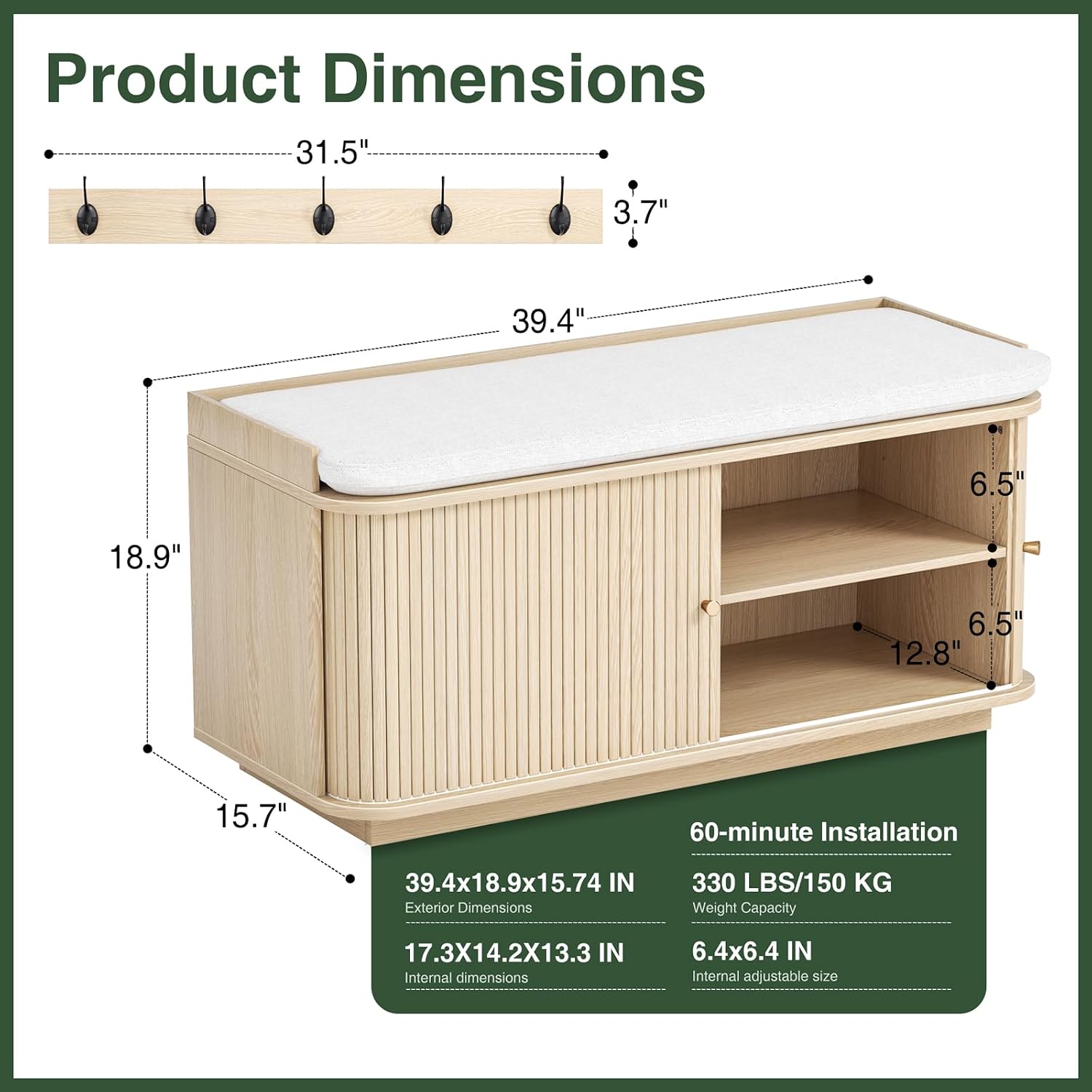 Hall Tree with Bench and Shoe Storage, Entryway Bench with Sliding Door Cabinet, Removable Padded, Metal Wall Hooks and Adjustable Storage Compartments, for Entry, Hallway, Living Room, Oak