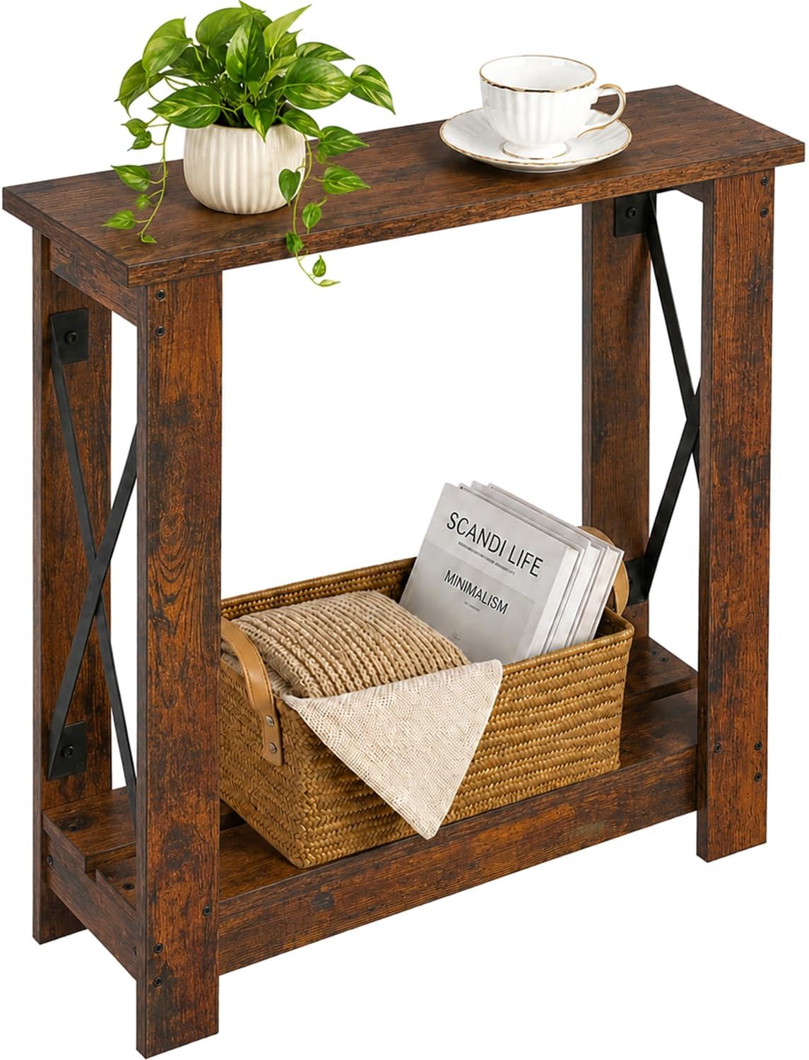 Slim Side Table, 6.6 Inch Ultra Narrow End Table with 2 Tier Storage, X-Frame Small Accent Table for Small Spaces, Gap Solution for Couch, Sofa and Living Room, Rustic Brown