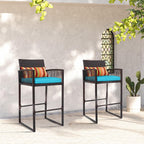Sundale Outdoor Wicker Bar Stools Set of 4, Patio Counter Height Rattan Rope Stools with Back Rest, High Chair with Pillow & Cushion, All-Weather Armless Tall Pub Barstool (Brown & Blue, 4 Stools)
