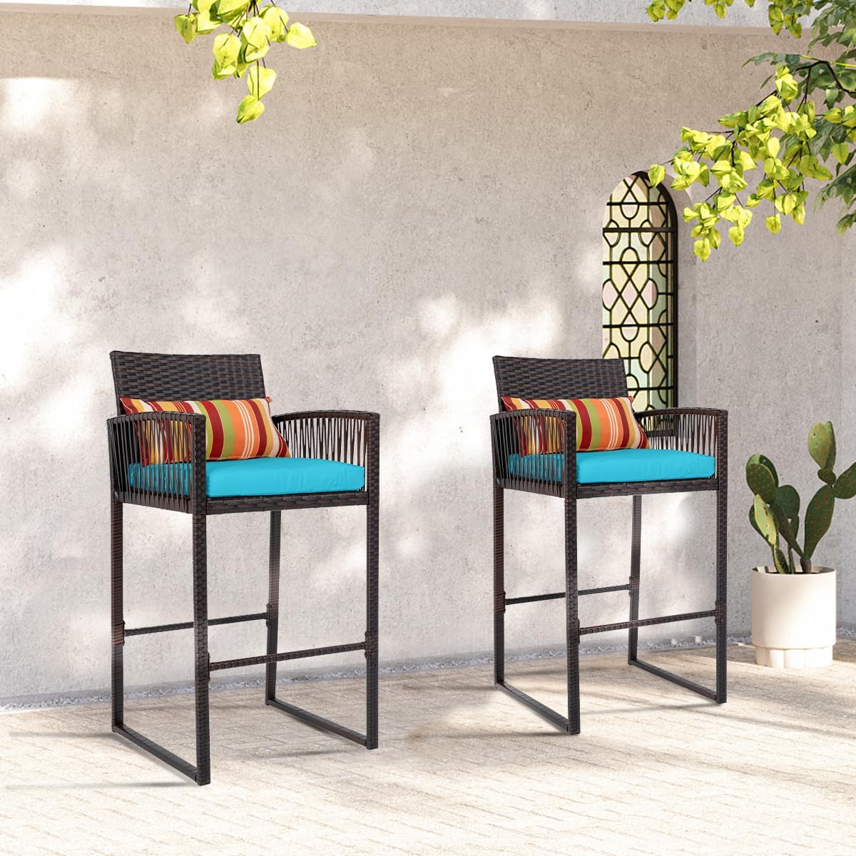 Sundale Outdoor Wicker Bar Stools Set of 4, Patio Counter Height Rattan Rope Stools with Back Rest, High Chair with Pillow & Cushion, All-Weather Armless Tall Pub Barstool (Brown & Blue, 4 Stools)
