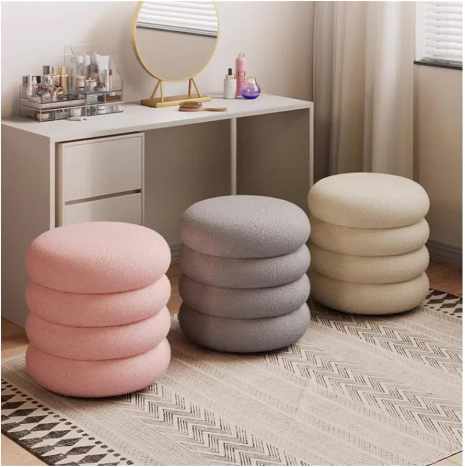 Soft Lamb Wool Ottoman Cream Vanity Stool for Girls' Makeup Bedroom Chair with Minimalist Design Round Pouf Ottoman,35x40cm Pink-One Size