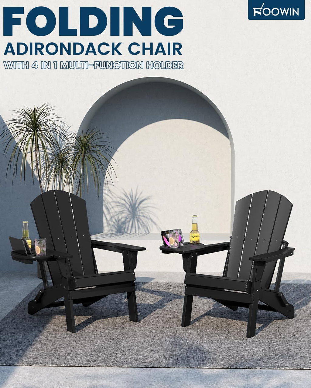 FOOWIN Folding Adirondack Chair Set of 4, HDPE Adirondack Chairs with Cup Holder, Weather Resistant Plastic Fire Pit Chairs for Outdoor, Patio, Lawn, Garden, Backyard, Deck, Black