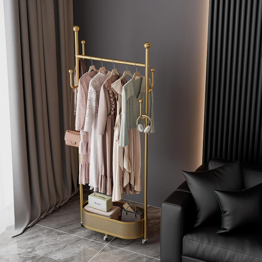 Multifunctional coat rack with storage basket 360° movable rotation｜Bedroom and living room storage artifact｜Hanging clothes/hats/bags/scarves｜Space-saving and stylish home｜Home essential