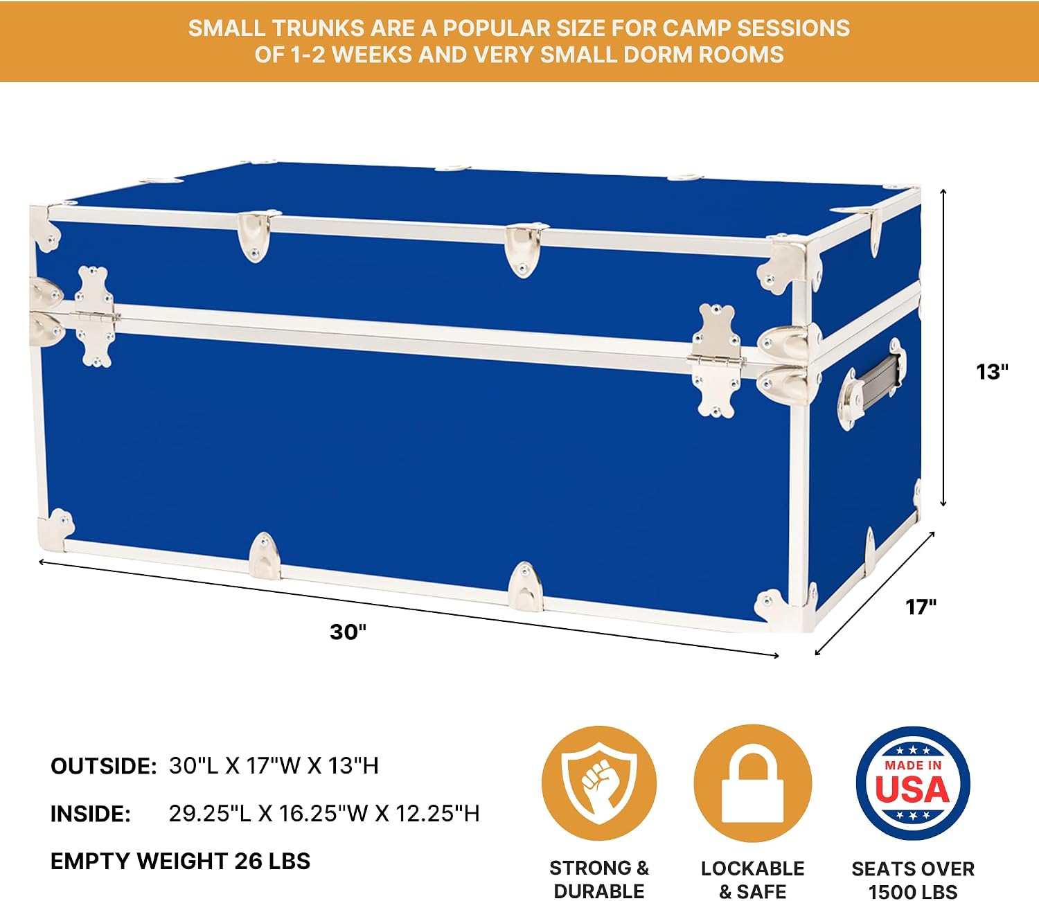Rhino Trunk & Case Classic Camp & College Trunk with Wheels. 30"x17"x13", 1500+ lbs Capacity - Many Colors, Soft-Close Lid. Strong, USA Made Summer Camp Footlocker and Secure Dorm Storage Chest