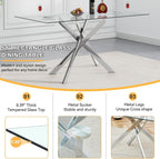 Modern Glass Dining Table Set for 6, Glass Silver Kitchen Table and Chairs Set, 7 Piece Dining Room Table Set with 51" Rectangle Dinner Table and 6 Black Leather Dining Chairs