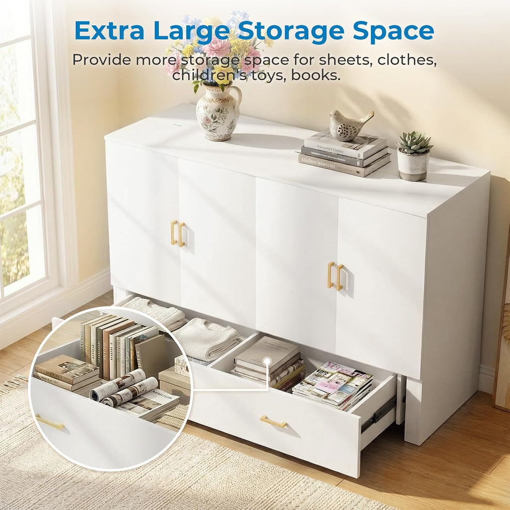 Mjkone 63.4" Width Queen Size Murphy Bed Cabinet with Tri-Folding Mattress Included, Storage Cabinet Murphy Guest Bed Chest Cabinets with 16 Colors of LED Lights for Home Offices Small Space, White