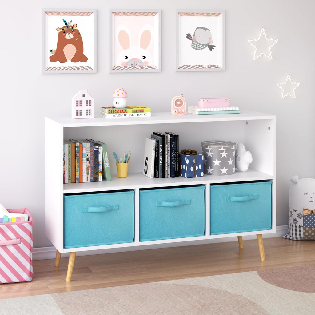 Bookcase with Collapsible Fabric Drawers, Book Display, Toy Storage Cabinet Organizer, White,Blue