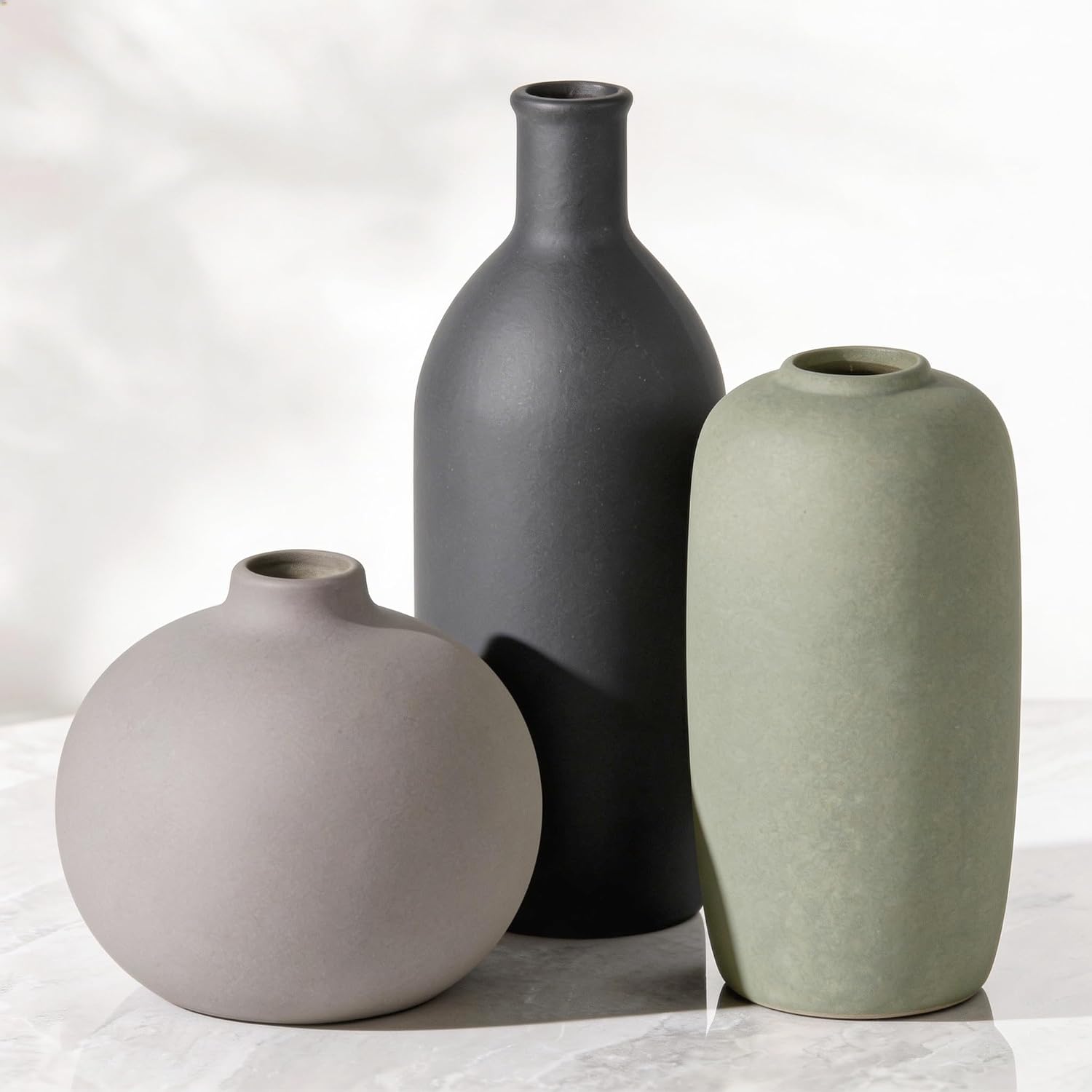 Ceramic Modern Vase Set of 3, Neutral Small Decorative Pottery Vases | Rustic Farmhouse Decor for Pampas Grass, Dried or Fresh Flowers, Perfect Vase Decor for Shelves&Small Spaces, Morandi Color