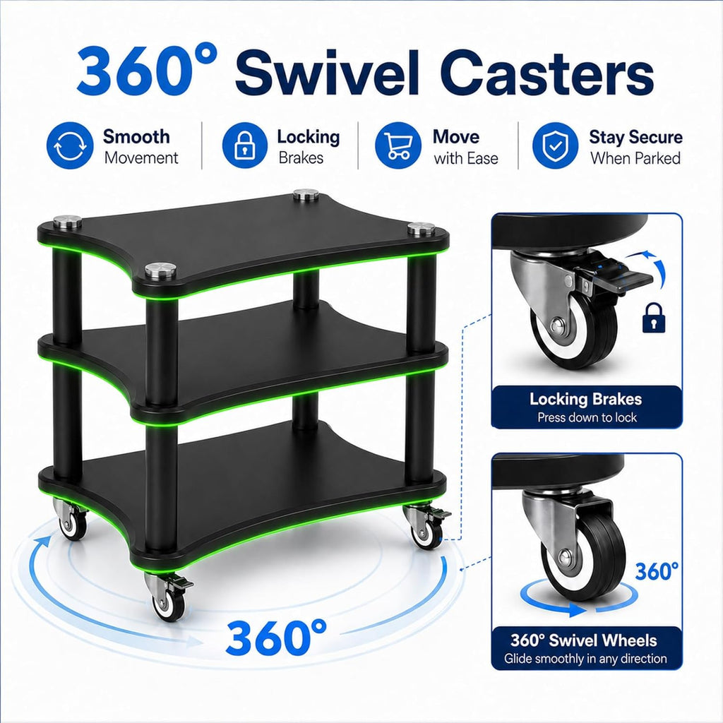 AV Media Stand with LED Lights, Audio Rack with USB Powered RGB Light Strip, Rolling Stereo Cabinet with Lockable Caster Wheels, 88 lbs Per Shelf, Printer/TV Stand for Small Spaces (black, 3-Tier)