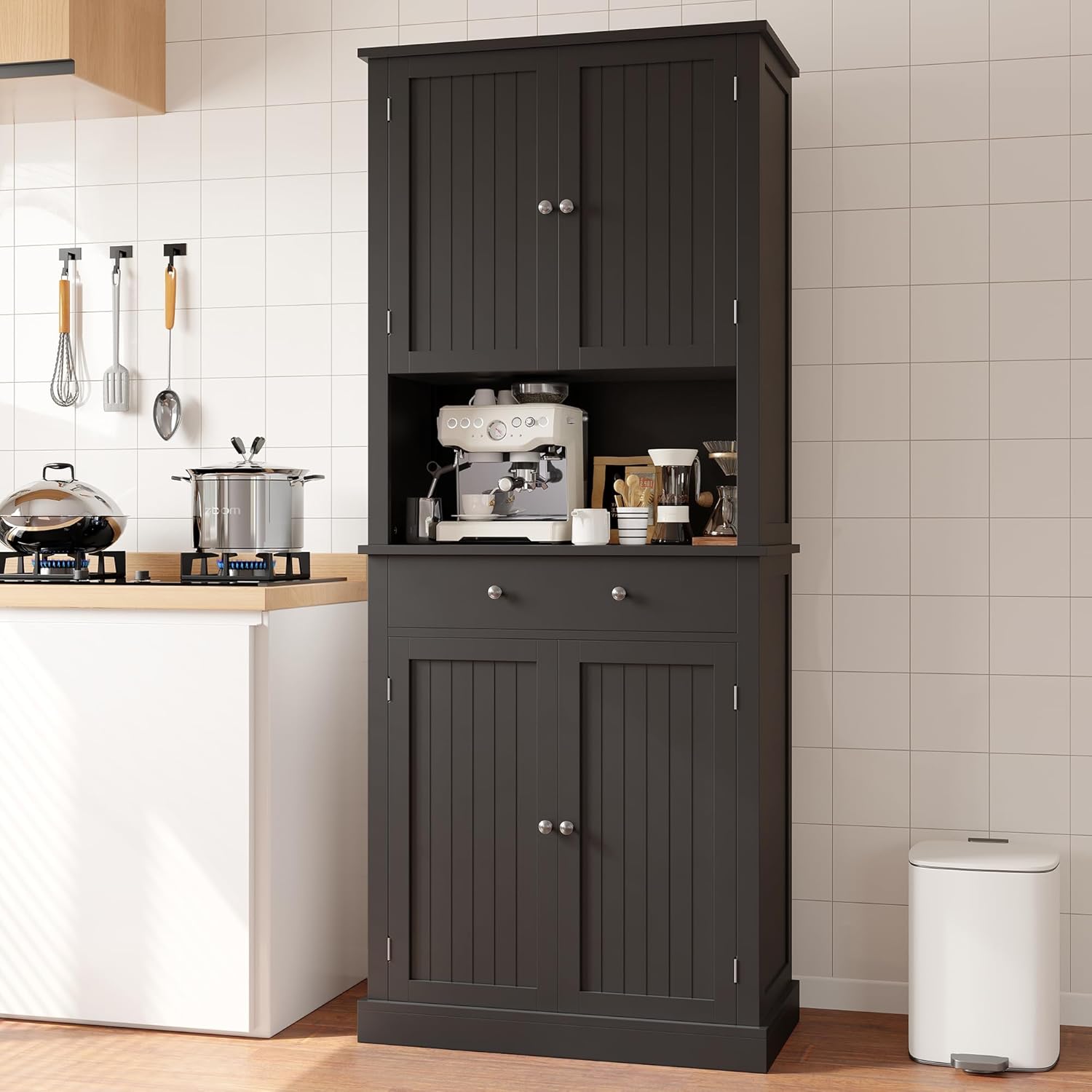 Apicizon 71’’ Tall Kitchen Pantry Storage Cabinet, Modern Kitchen Hutch Bar Cabinet with Microwave Stand & 3 Adjustable Shelves, Cupboard with Deep Drawer, Wood Buffet Sideboard for Dining Room, Black