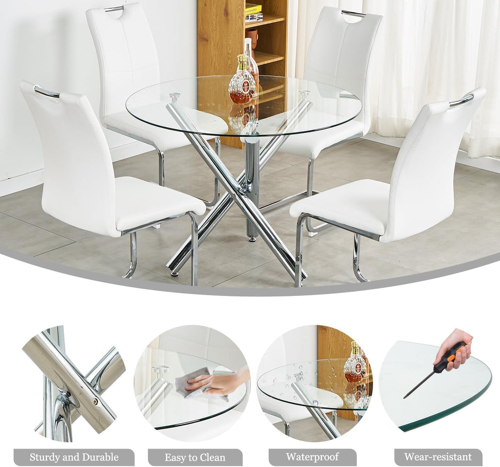 5-Piece Luxury Round Glass Dining Table Set, 39'' Modern Tempered Glass Kitchen Table Set Silver Base & 4 Grey Silver High-End Dining Chairs, Contemporary Circle Dinette Table Set of 4