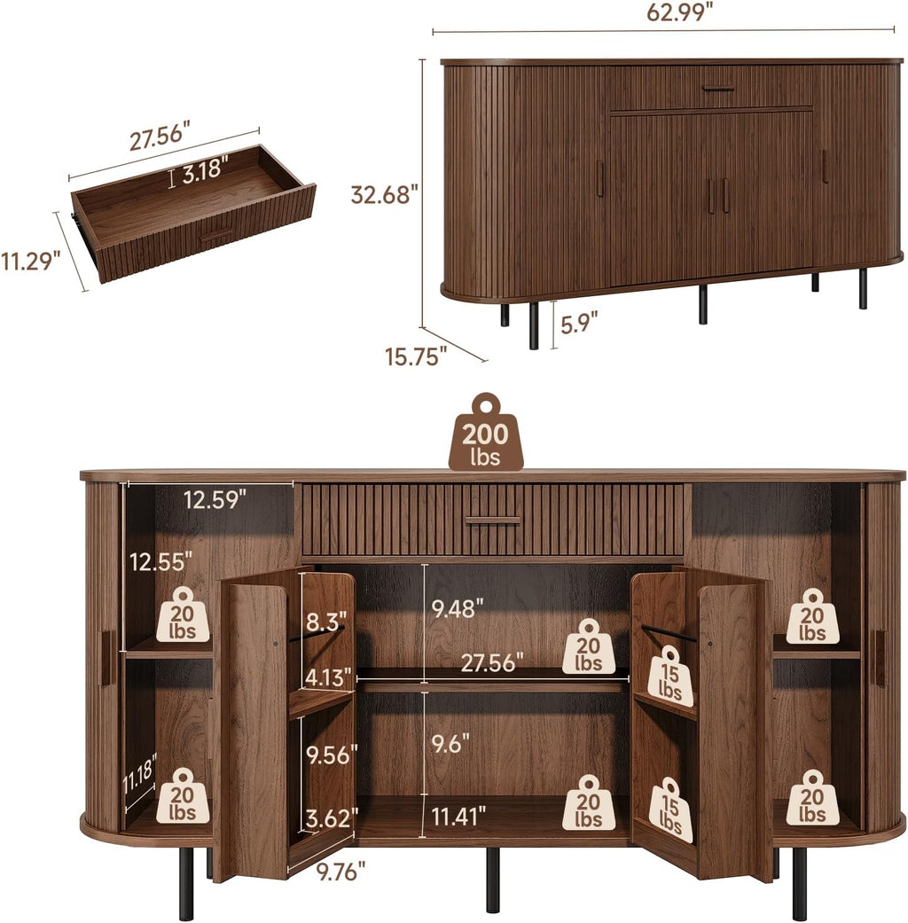 ONBRILL 63“ Sideboard Buffet Cabinet with Storage, Sideboard with 1 Drawer & 2 Door Shelves, Mid-Century Modern Kitchen Cabinets with Sliding Door, Coffee Bar Cabinet for Kitchen, Living Room, Walnut