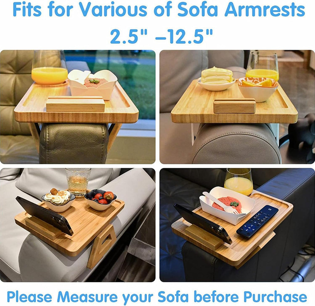 Couch Arm Tray, Bamboo Couch Armrest Table with Cup Holder & 360° Phone Holder, Foldable Snack Tray for Eating, Drinks, Snacks, Remote, Food - Fits Most Sofa Arms.