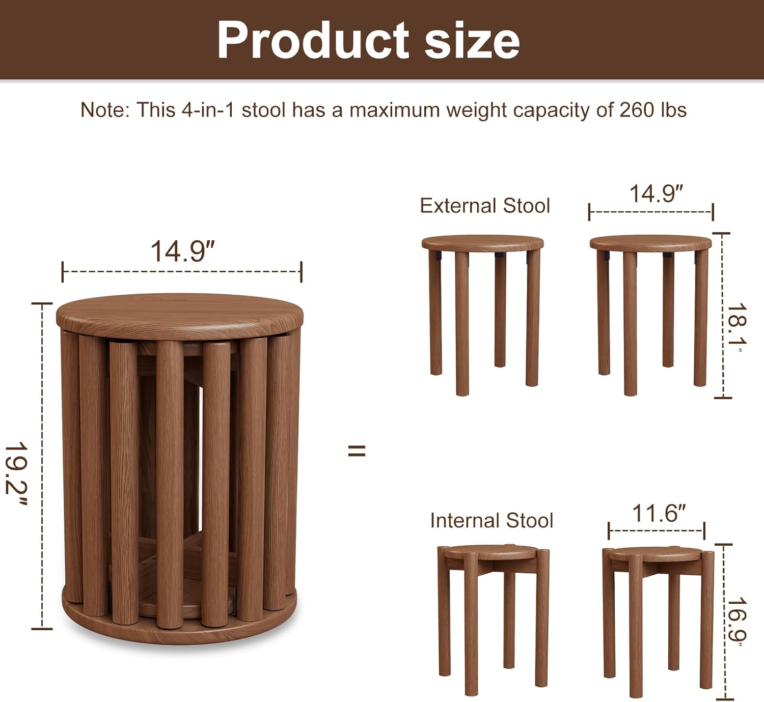 Solid Wood Stackable Stools Set of 4, 100% Wooden Stool No Installation Required Walnut Side Table Multifunctional Space Saving 18 Inch Round Stool Modular Interlocking Coffe Table for Living Room