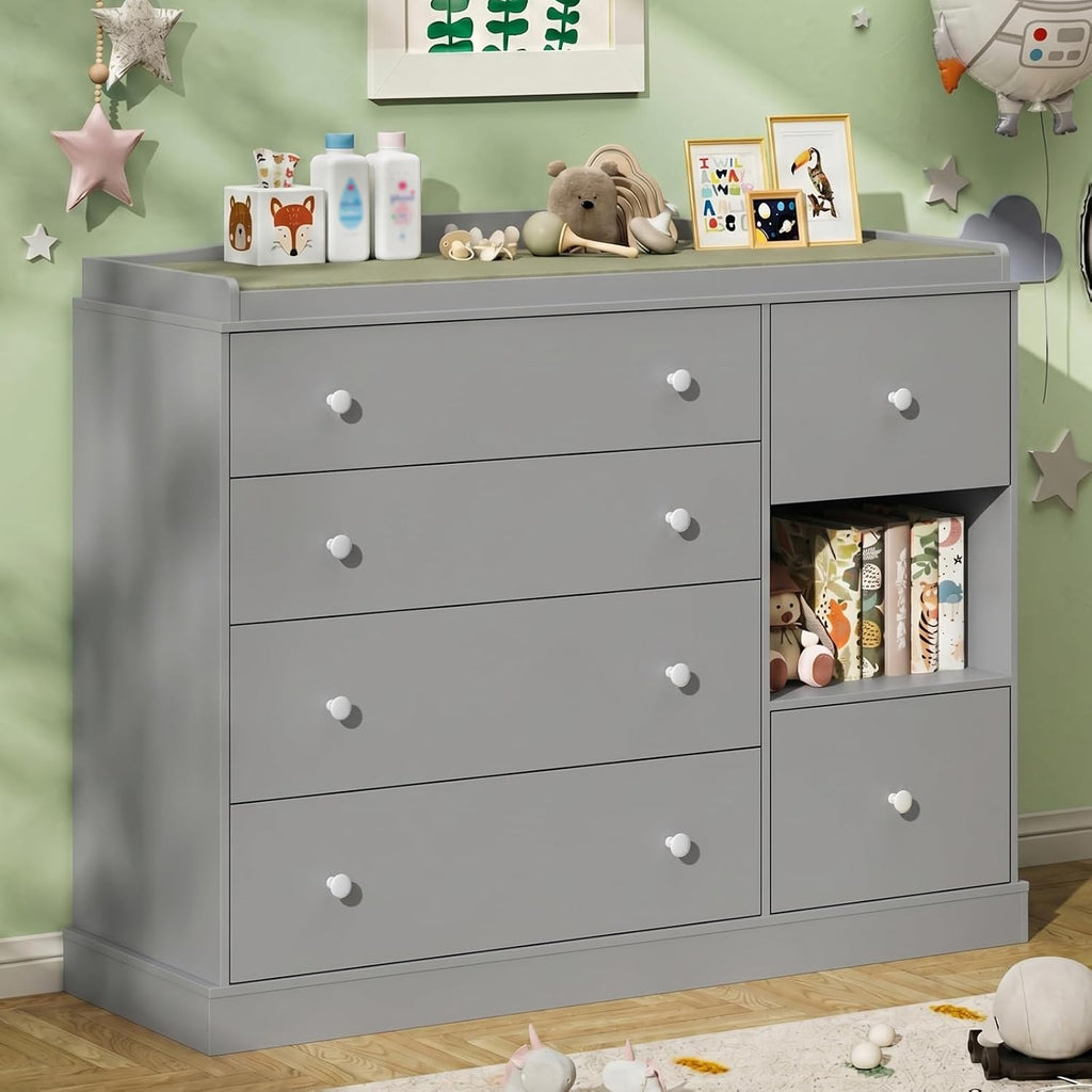 Kids Dresser Cabinet with 6 Drawers, Changing Table for Nursery with Shelf, Multi-Functional Chest of Drawers, Kids Bedroom Furniture, Nightstand for Children's Room, Grey