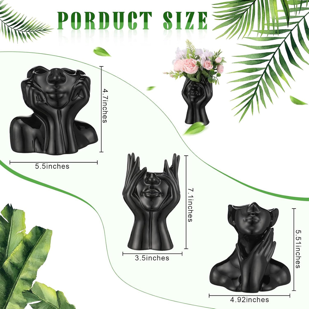 Sieral 3 Pcs Ceramic Face Vase Female Form Flower Modern Body Vase for Decor with Head Half Body Bust Centerpiece for Table Shelf Home Bedroom Room Office(Small,Black)