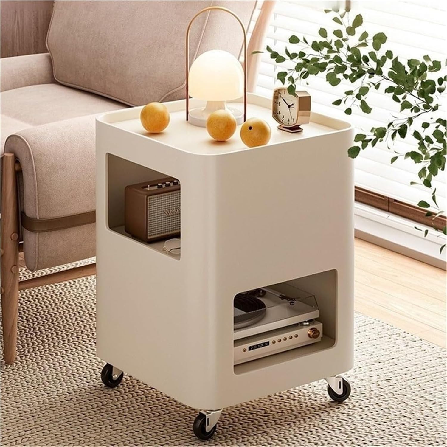 Cream Style Side Table with Wheels Mobile TV Tray Cart Square Bedside Table with Storage Trolley Couch Table for Living Room Long-Lasting(White)