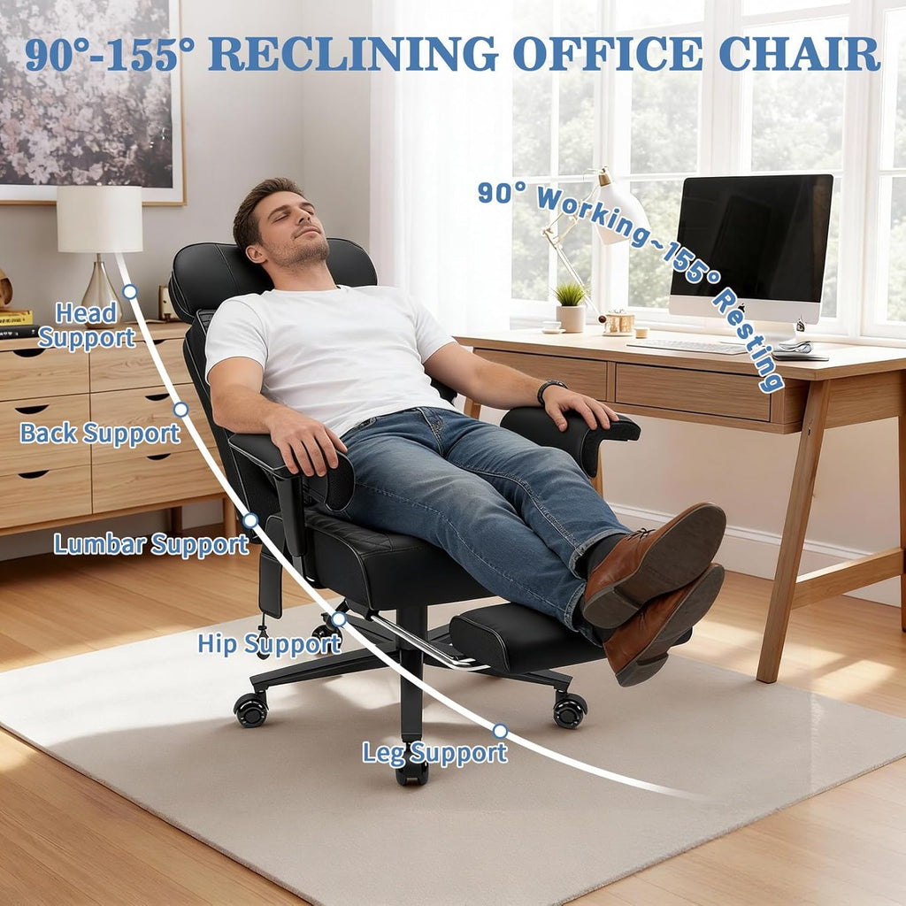 HOFFREE 500lbs Big and Tall Office Chair for Heavy People Executive Desk Chair with Adjustable Lumbar Support Comfy Wide Office Chair,Adjustable Padded Armrest,PU Leather,Black
