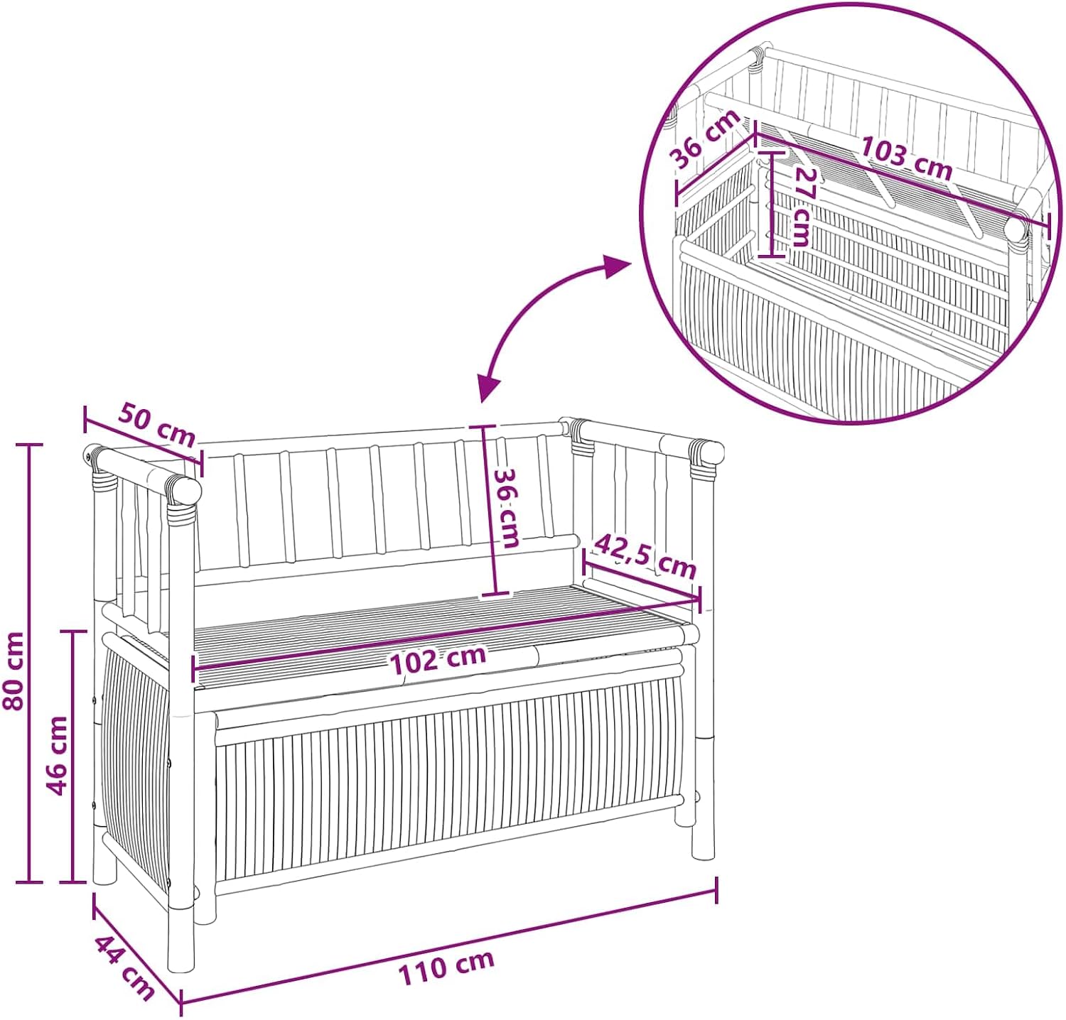 Garden Storage Bench, 43" Bamboo Outdoor Bench with Hidden Storage Compartment, Modern Rectangular Deck Box Seating for Patio, Backyard and Sunroom, Natural Wood Finish
