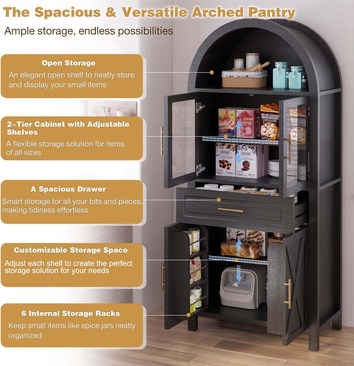 71" Tall Arched Kitchen Pantry Cabinet with Glass Door, Versatile Cupboard with Adjustable Shelves & Barn Door Design, Farmhouse Wooden Storage Cabinet for Kitchen, Living & Dining Room (Black)