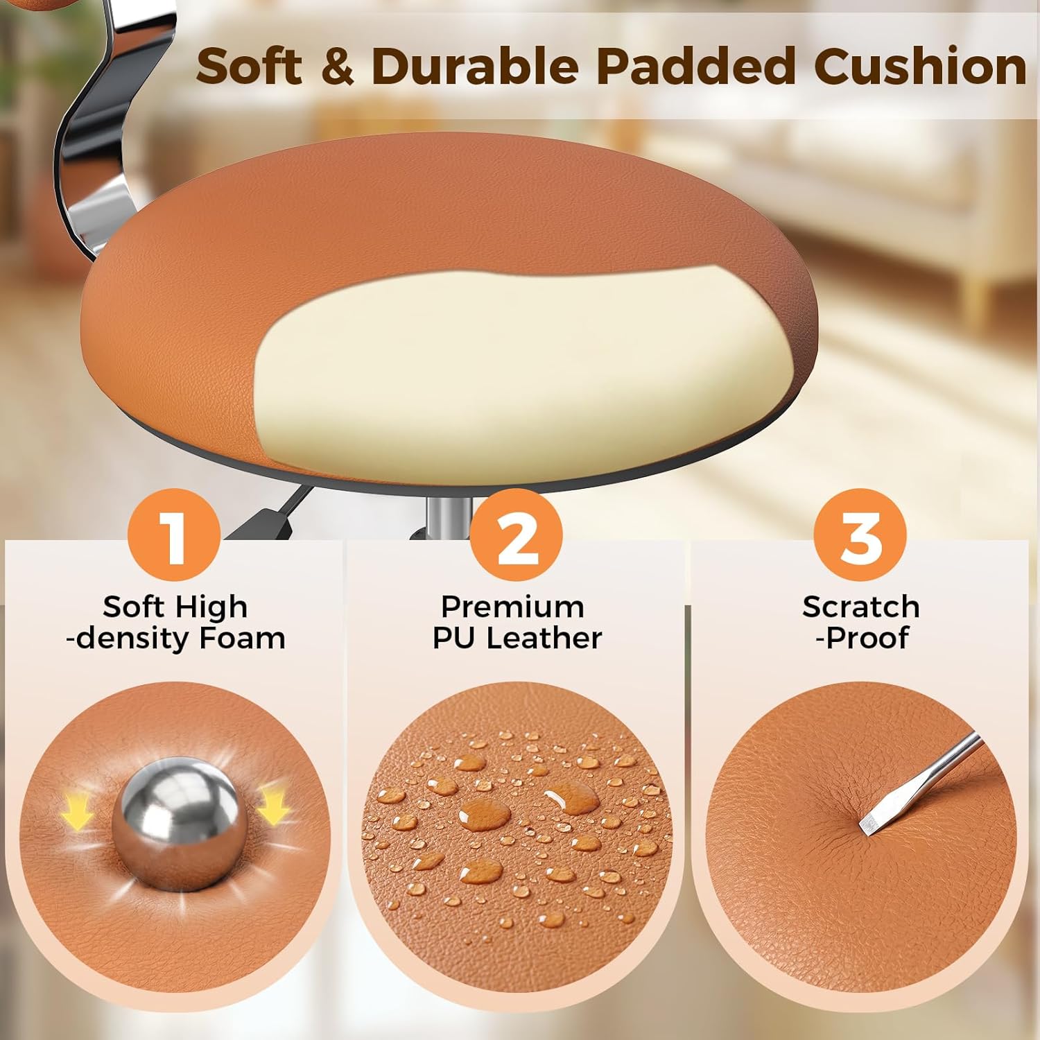 Rolling Stool Chair with Wheels, Office Drafting Chair with Back Support, Height Adjustable Standing Desk Stool with PU Leather Cushion for Home Office Kitchen Vanity Spa Garage Tattoo Dentist, Camel