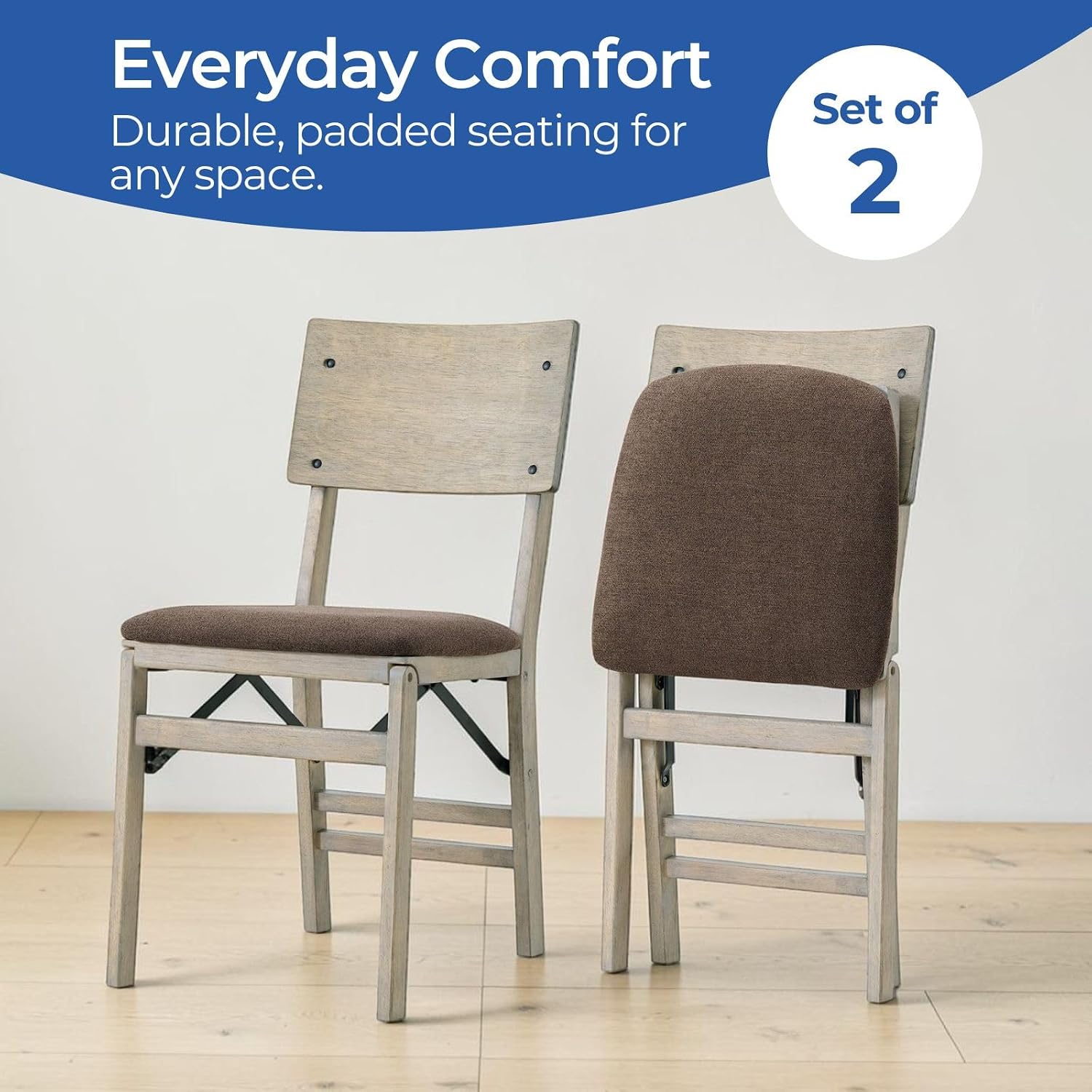 Stakmore Comfort Curve Wood Folding Chairs Set of 2, Padded Upholstered Seat, Solid Hardwood Dining & Card Table Chairs, Space Saving, No Assembly, Driftwood Frame with Bravado Aztec Fabric