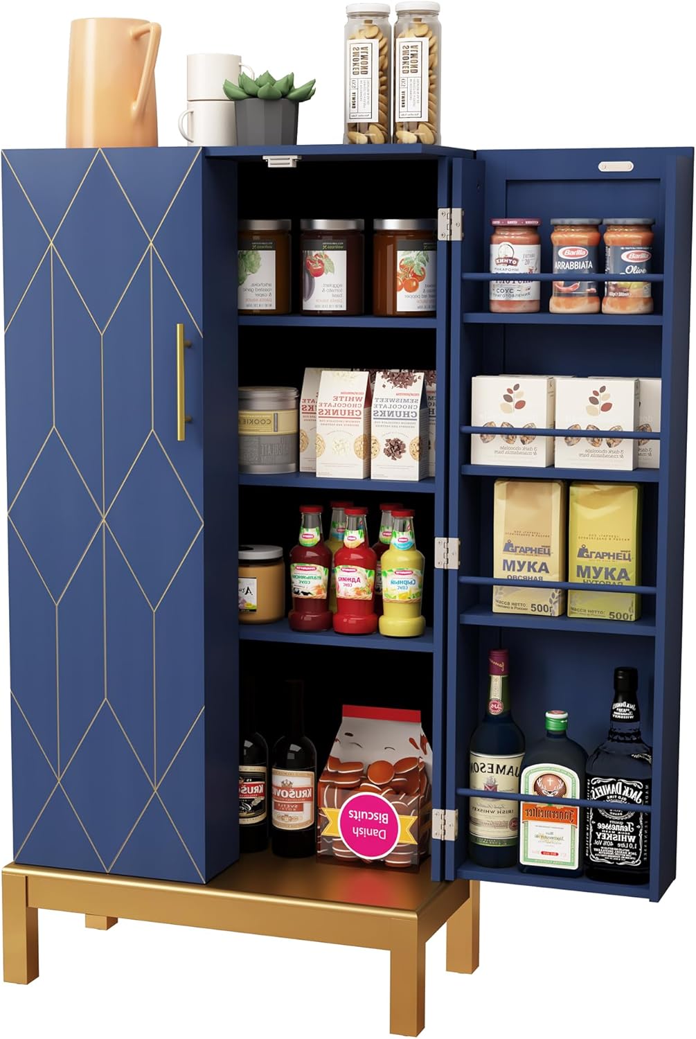 HOLTICO 45'' Kitchen Pantry Cabinet,Storage Cabinet with Doors and Adjustable Shelves,Food Pantry for Kitchen, Dining Room,Living Room and Garage,Gold Lines and Legs, Blue