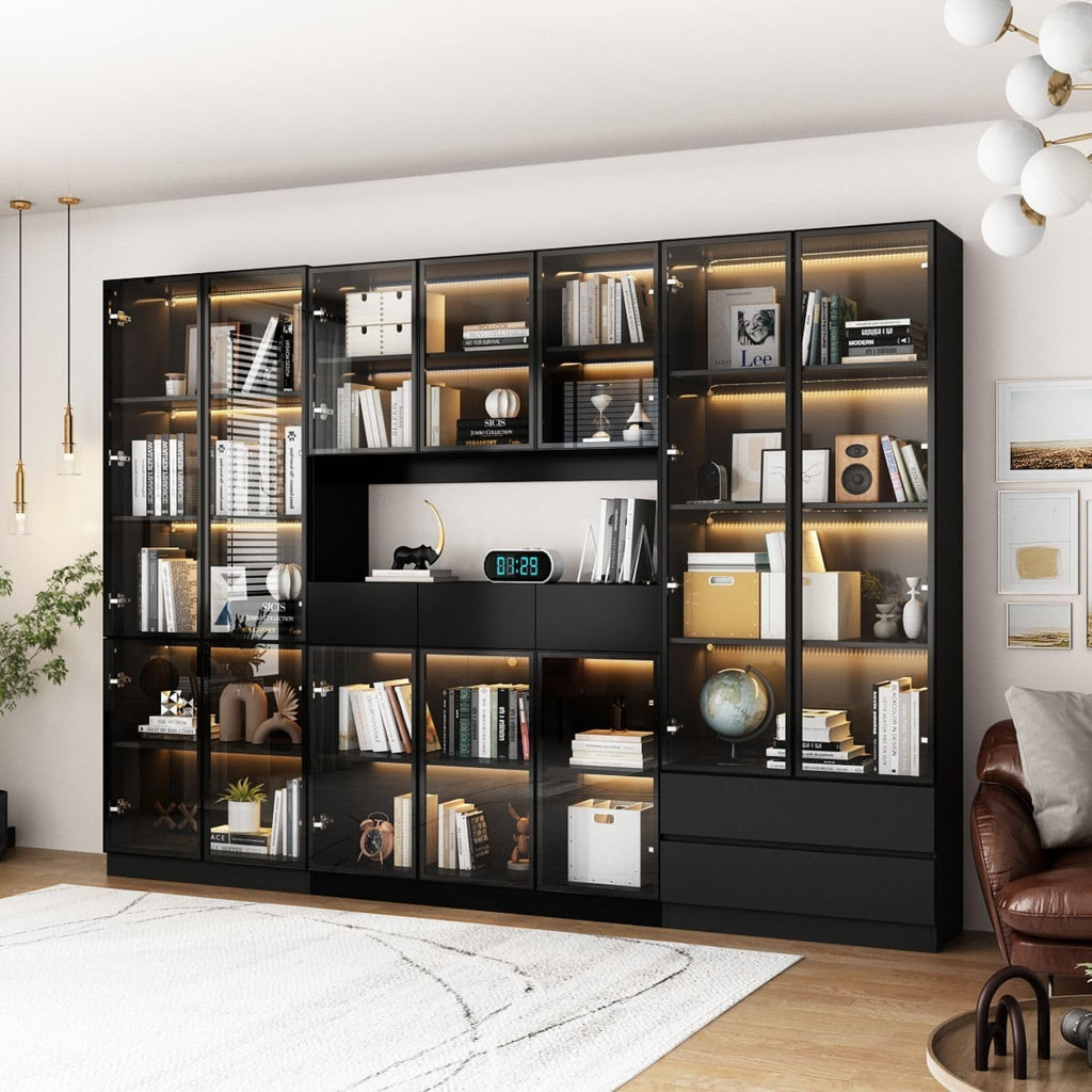 Modern LED Display Cabinet with 2 Storage Drawers, 4-Tier Aluminum Frame Tempered Glass Showcase, Push-to-Open Design, for Collectibles, Black 31.5" W x 14.2" D x 78.7" H