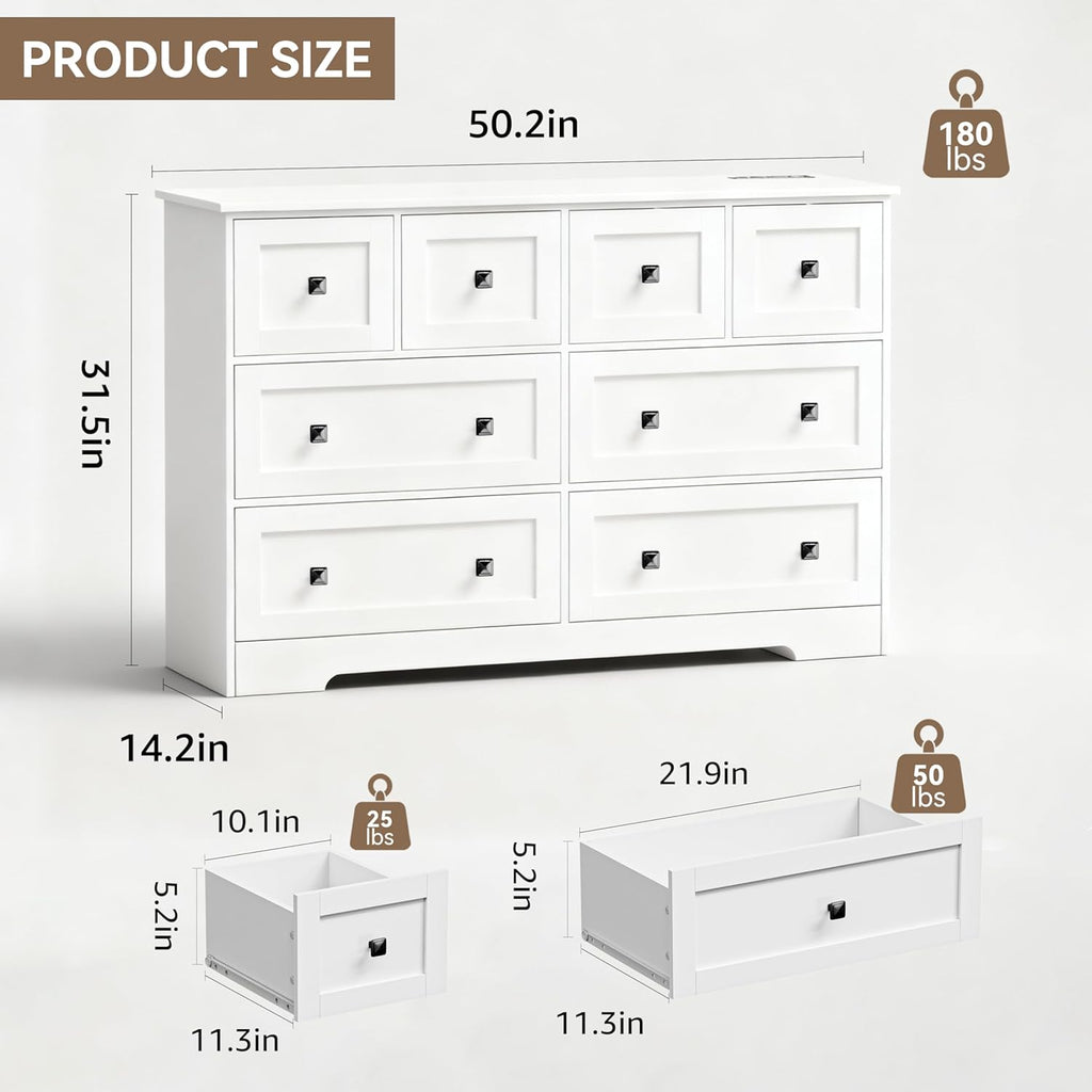 White 8 Drawer Dresser for Bedroom with Power Outlets Wide Chest of Drawers with Smooth Guide Rail Modern Wooden Dressers with Metal Handle Large for Bedroom Living Room Hallway Closet