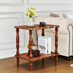 Solid Wood End Table Living Room - 23.6" H Small Narrow Rectangle Wooden End Table for Small Spaces, Dark Real Brown Solid Wood Vintage Antique Side Bedside Table Nightstand with 2-Tier Storage