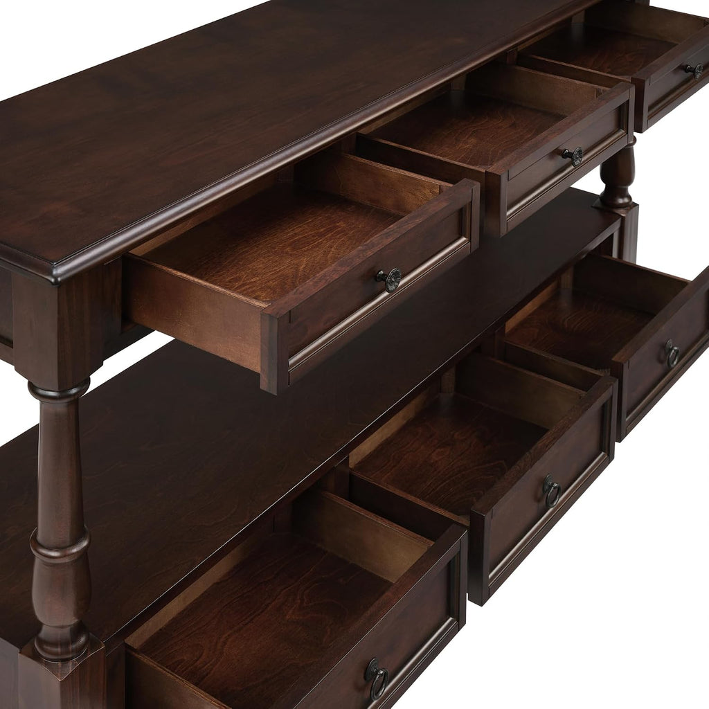 Knocbel Console Table with 6 Storage Drawers and Bottom Shelf, Vintage Sofa Table with Solid Wood Frame and Legs for Entryway Living Room, 54" W x 13.5" D x 32" H, Espresso