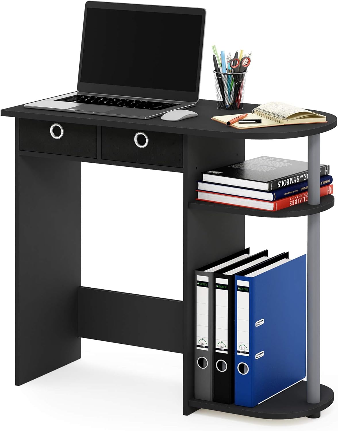 Furinno Go Green 32-Inch Black Computer Desk, Office Desk with 2 Side Shelves and Storage Bins, Rectangular Home Office Desk, Gaming Desk for Home Office, Bedroom, Study Room, Classic Black