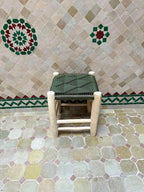 Moroccan Handwoven Stool, Rustic Wooden Footstool with Green Geometric Woven Seat, Small Portable Ottoman for Living Room Bedroom, Bohemian Farmhouse Accent Chair