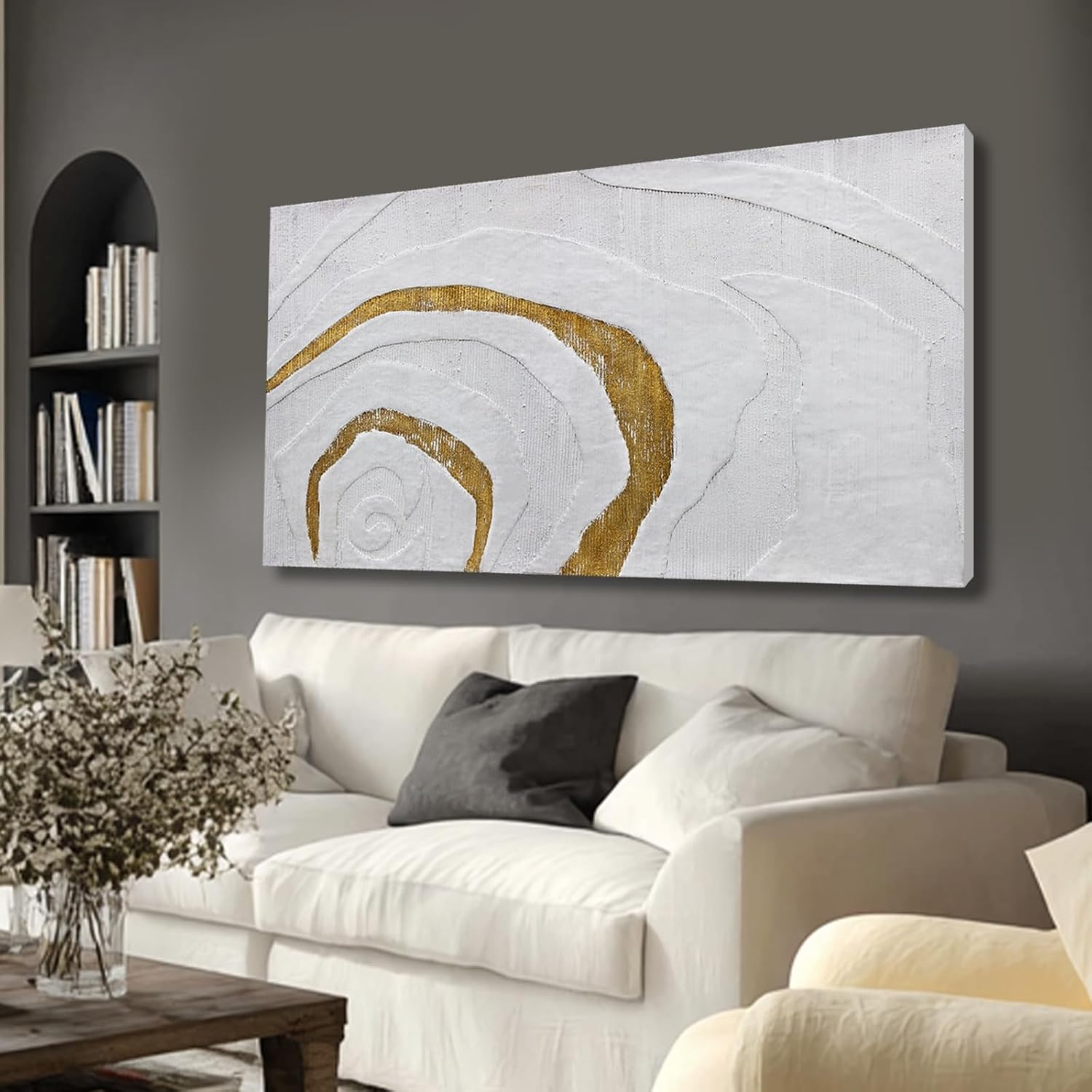 YLLTIEM White and Gold Abstract Wall Art 24x48 Inch, Hand Painted Textured Canvas Wall Art, Large Horizontal Modern Wall Decor for Living Room Bedroom Office Dining Room