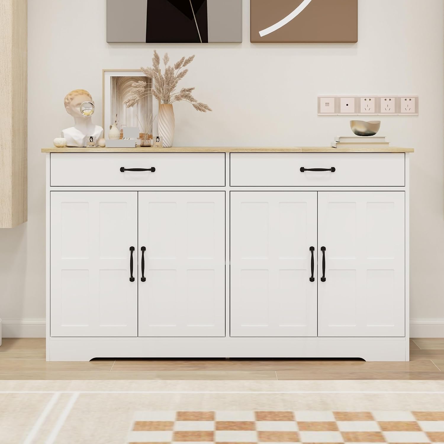 Large Farmhouse Buffet Cabinet Storage Sideboard, with 2 Drawers and 4 Doors, for Dining Living Room Kitchen,for Kitchen Home
