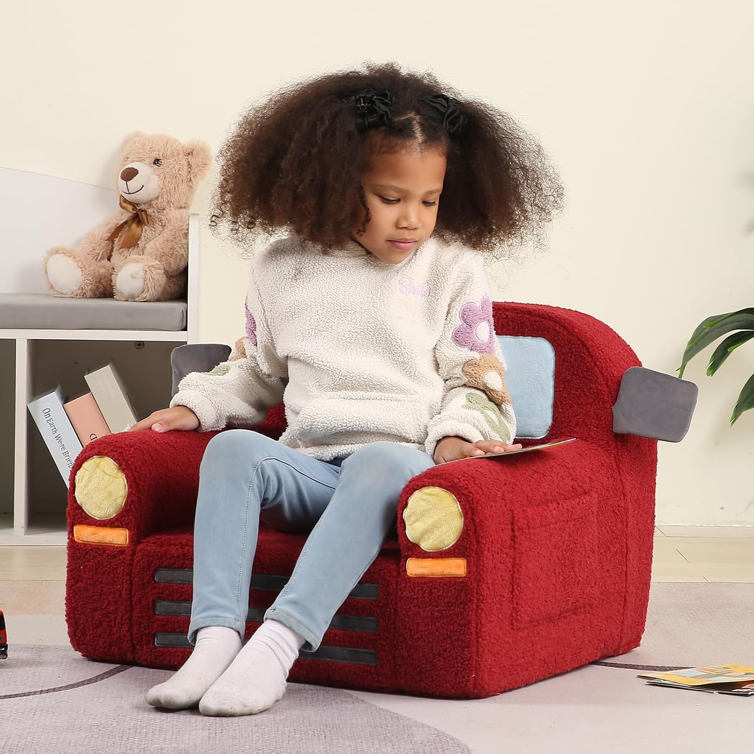 MOMCAYWEX Comfy Toddler Chair, Snuggly Kids Armchair, Red Fire Truck