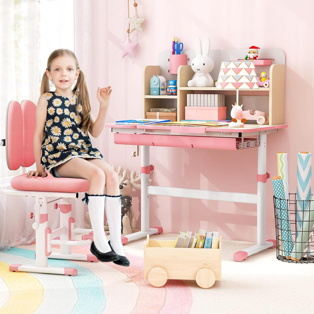 Costzon Kids Study Desk, Height Adjustable Children School Desk with Storage, Tilt Desktop, Pen Holder & Scale Ruler, Student Computer Desk Writing Table for Home School Use, Desk for Kids (Pink)
